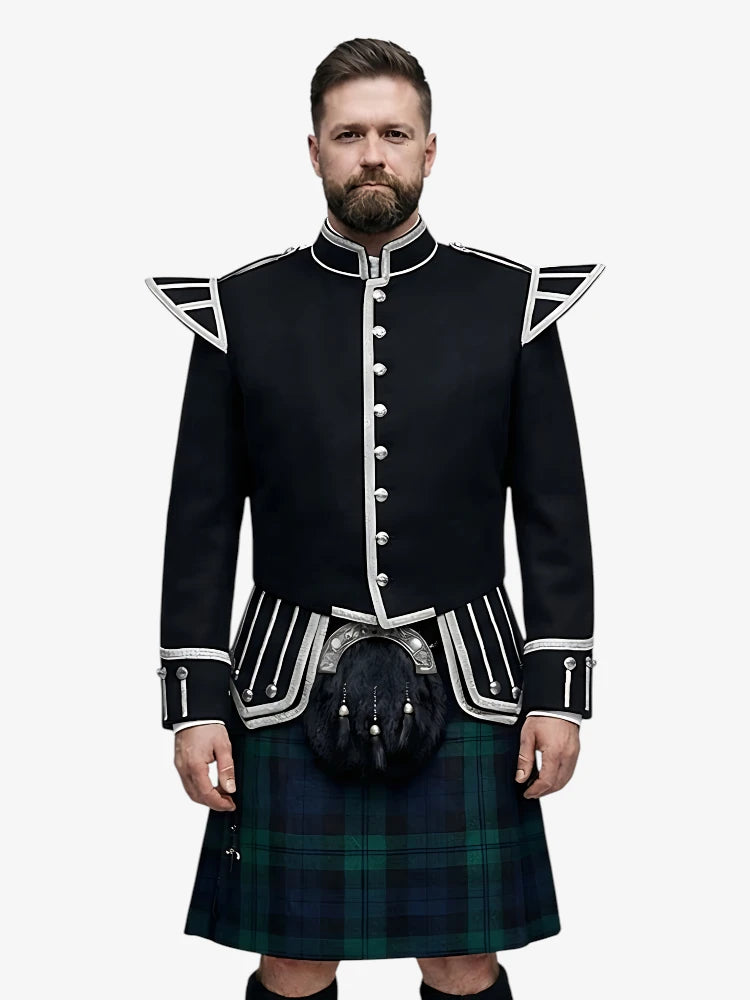 Man wearing a black highland doublet dress with white trim