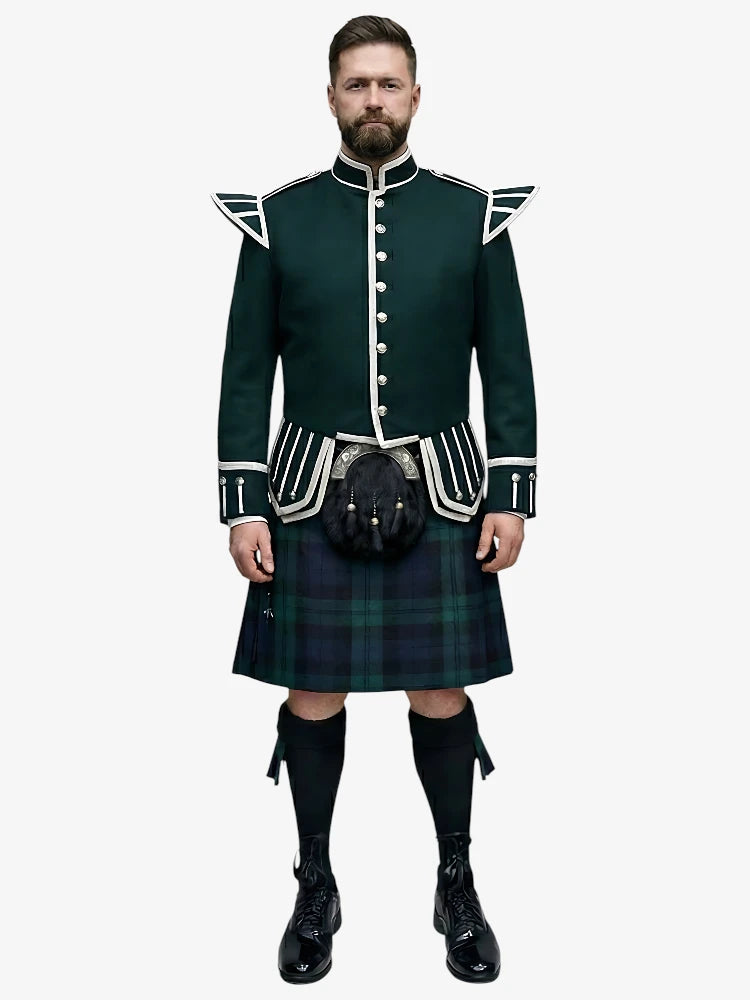 Black Watch Tartan Doublet Kilt Outfit mit dunkelgrünem Jackett