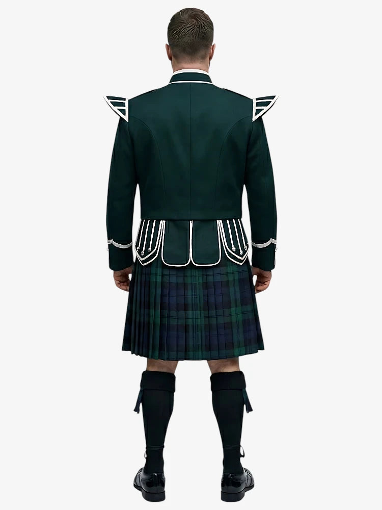 Black Watch Tartan Doublet Kilt Outfit mit dunkelgrünem Jackett