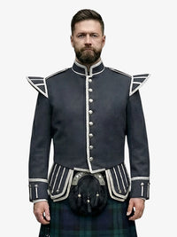 Man wearing a dark grey military-style jacket with white accents on a white background