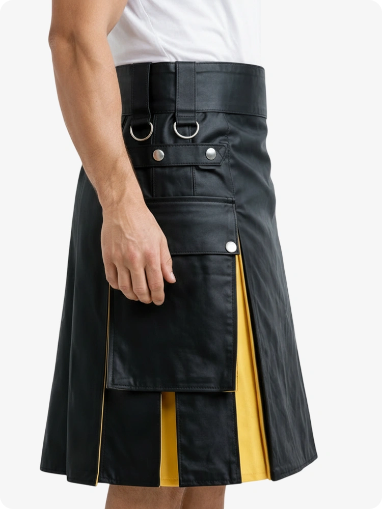 Schwarz & Gelb Leder Utility Kilt mit Cargotaschen