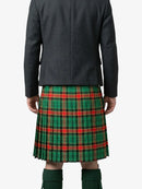 Person wearing a green plaid kilt on a white background
