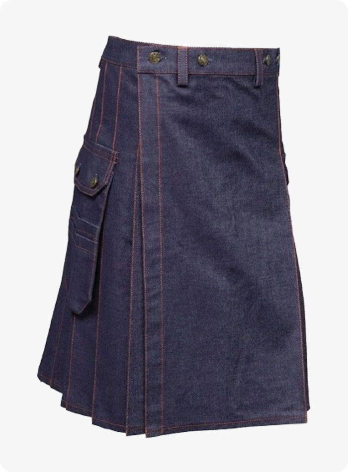 Maßgefertigter Blauer Denim Kilt mit Roter Naht