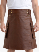 Brown Genuine Leather Utility Kilt with Cargo Pockets & D-Rings