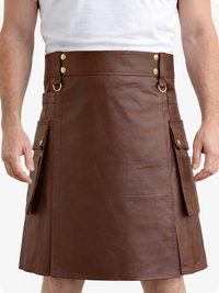 Brown Genuine Leather Utility Kilt with Cargo Pockets & D-Rings