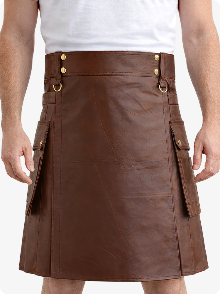 Brown Genuine Leather Utility Kilt with Cargo Pockets & D-Rings