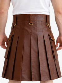 Brown Genuine Leather Utility Kilt with Cargo Pockets & D-Rings