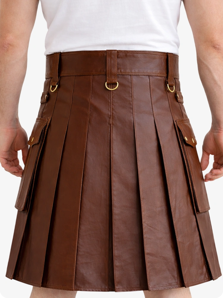 Brown Genuine Leather Utility Kilt with Cargo Pockets & D-Rings