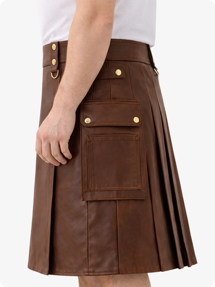 Brown Genuine Leather Utility Kilt with Cargo Pockets & D-Rings