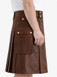Brown Genuine Leather Utility Kilt with Cargo Pockets & D-Rings