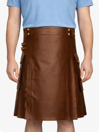 Brown leather skirt with gold buttons worn by a person on a white background