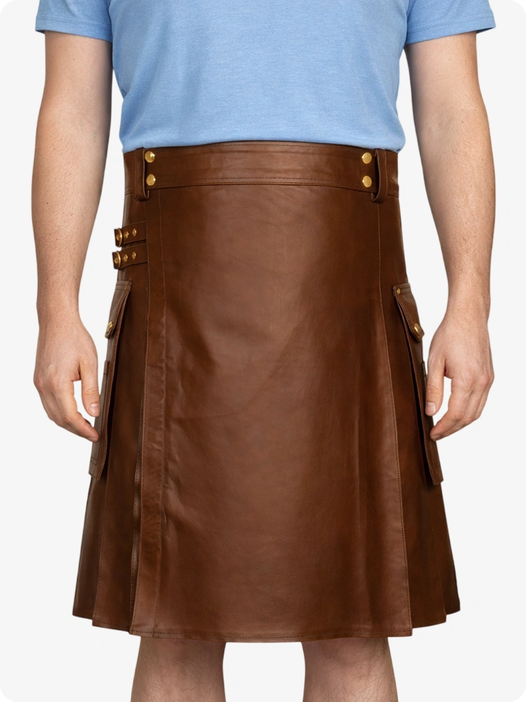 Brown Genuine Leather Utility Kilt with Side Pockets