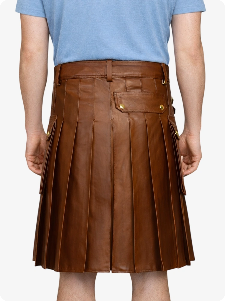 Brown Genuine Leather Utility Kilt with Side Pockets