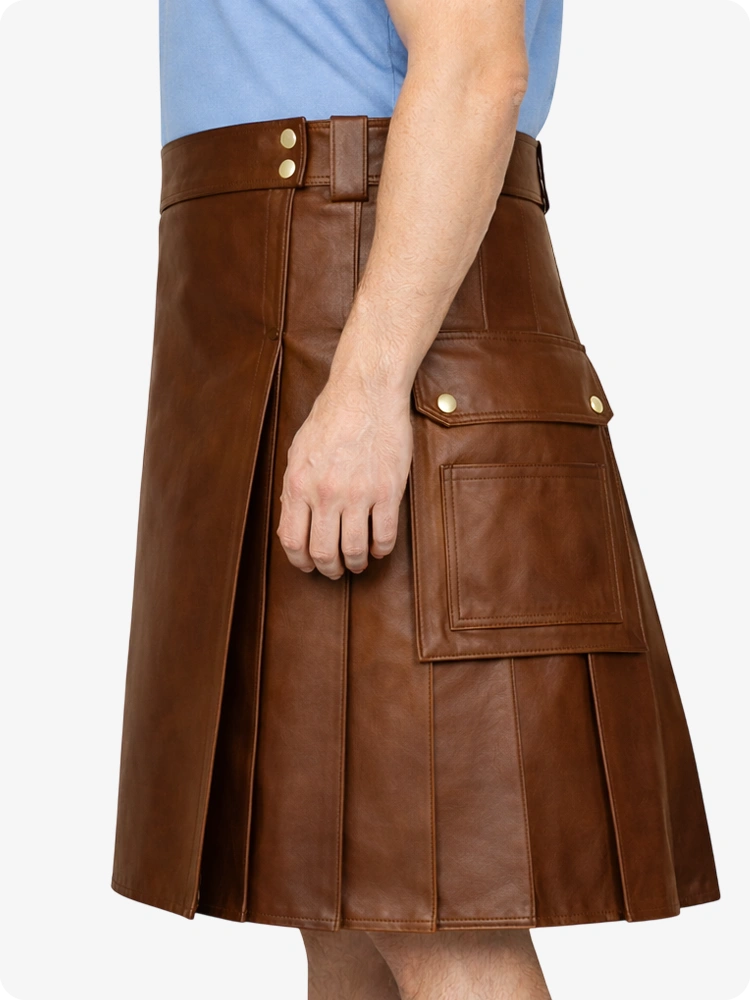 Brown Genuine Leather Utility Kilt with Side Pockets