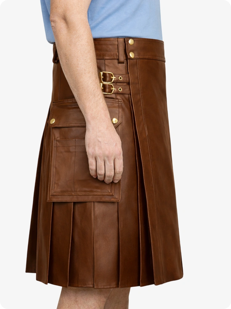 Brown Genuine Leather Utility Kilt with Side Pockets
