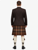 Person wearing a brown jacket and plaid kilt on a white background
