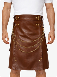 Brown Leather Utility Kilt with Chain Detailing & Adjustable Straps