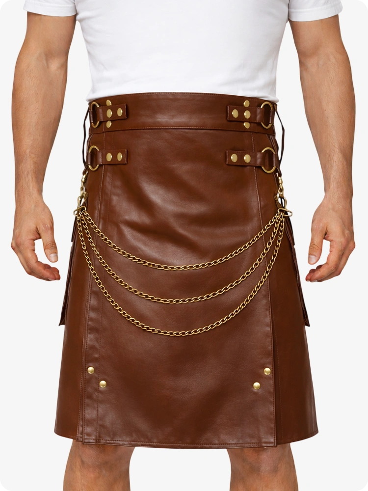 Brown Leather Utility Kilt with Chain Detailing & Adjustable Straps