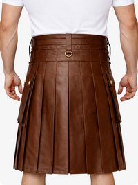 Brown Leather Utility Kilt with Chain Detailing & Adjustable Straps