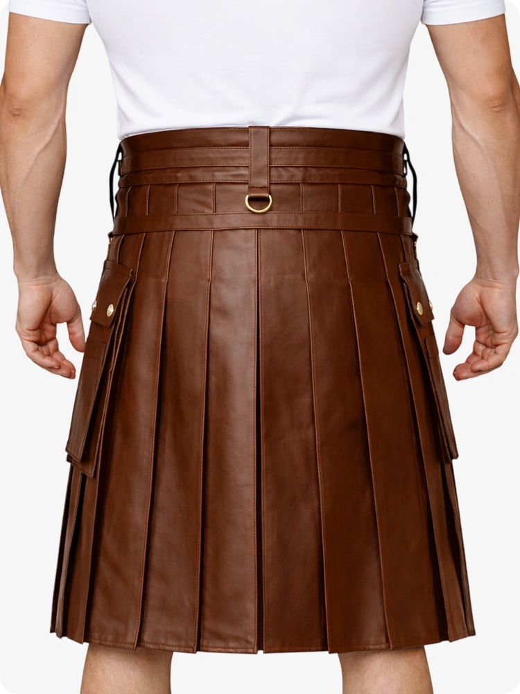 Brown Leather Utility Kilt with Chain Detailing & Adjustable Straps