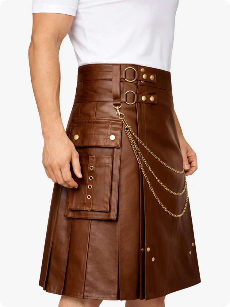 Brown Leather Utility Kilt with Chain Detailing & Adjustable Straps