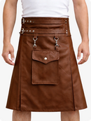 Brown leather kilt with metal accents on a white background