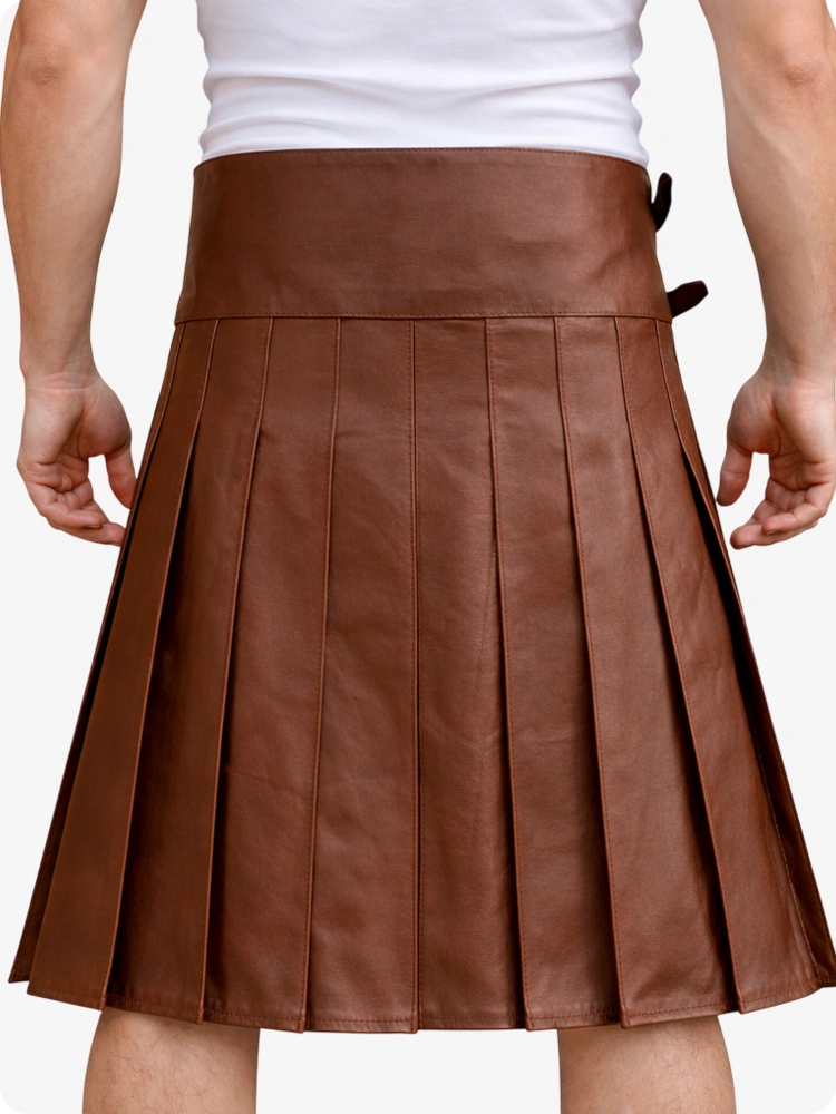Brown Leather Utility Kilt with Front Pocket & Adjustable Buckle Straps