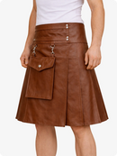 Brown leather skirt with silver zippers and buttons on a white background