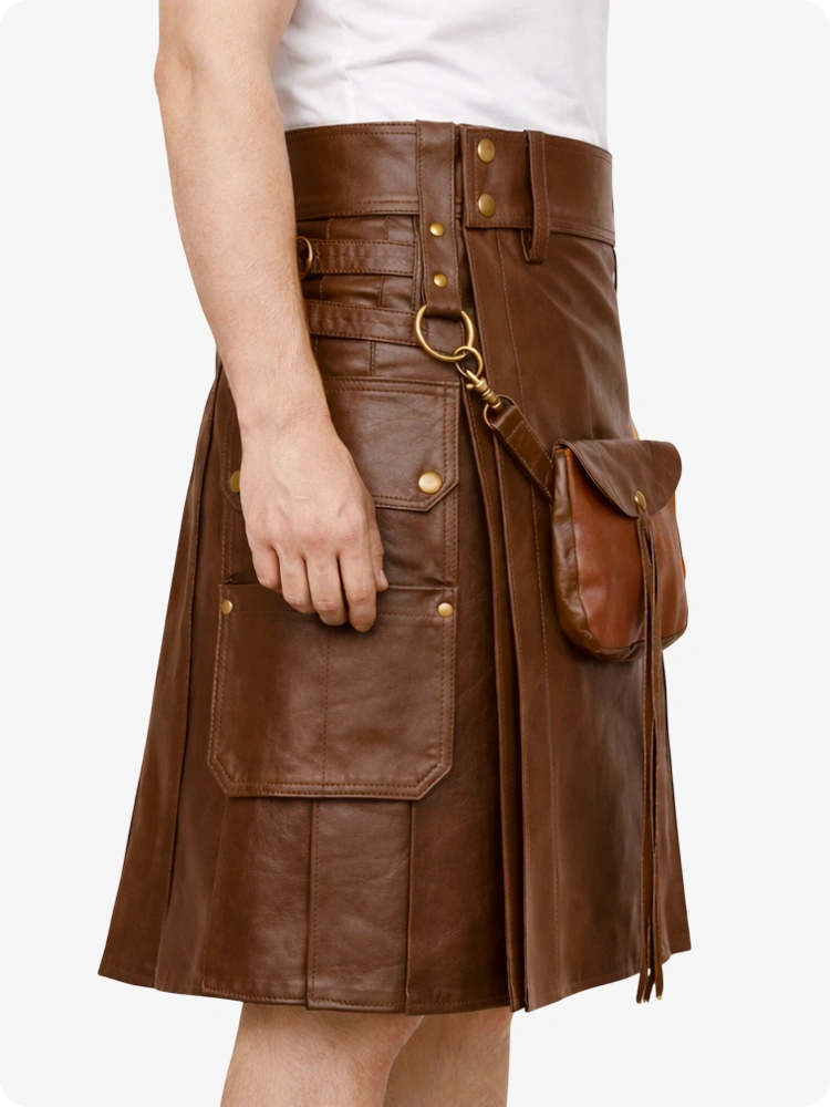 Brown leather kilt with gold buttons on a white background