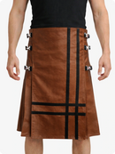 Brown leather kilt with black stripes and metal fastenings on a white background
