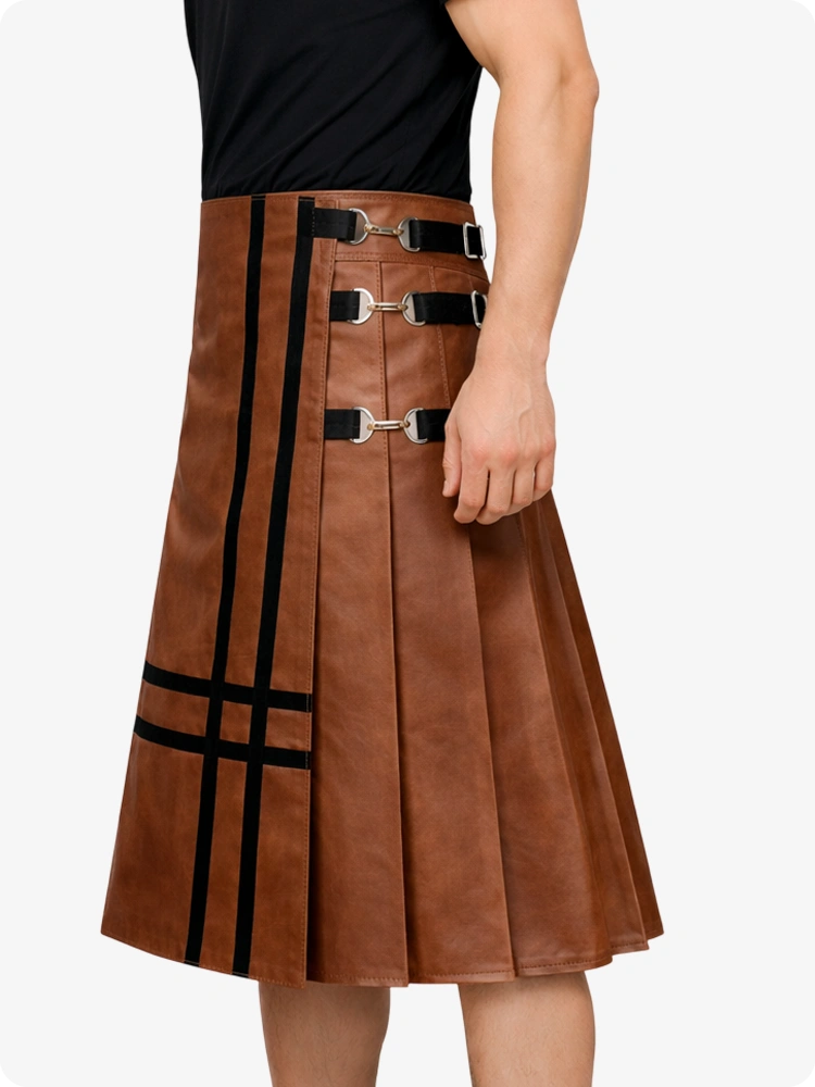 Brown leather skirt with black straps and buckles on a white background