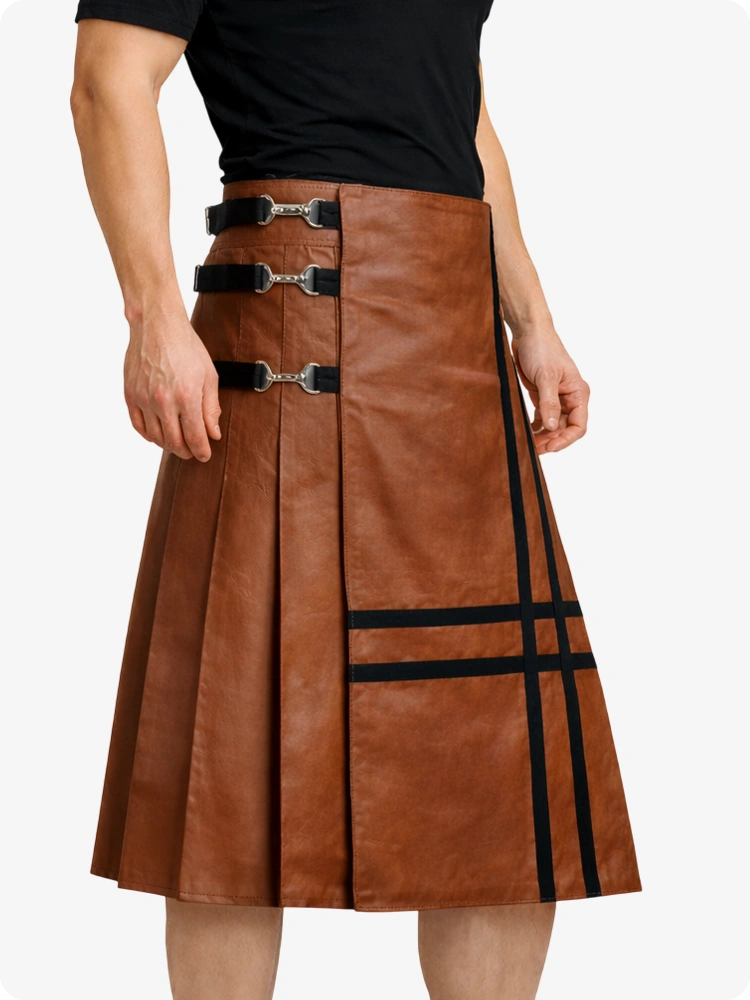 Brown Leather Utility Kilt with Side Buckles & Pleated Back