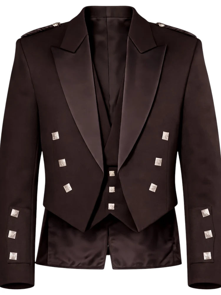 A dark brown double-breasted blazer with silver metallic square studs, shown against a plain white background.
