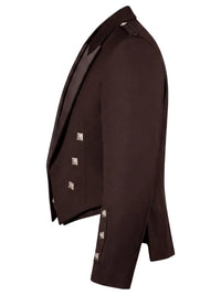 A dark brown double-breasted blazer with silver-toned decorative buttons, shown in a side profile view against a plain white background.