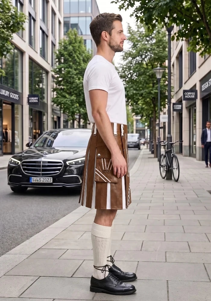 Brown and White Leather Hybrid Utility Kilt right side