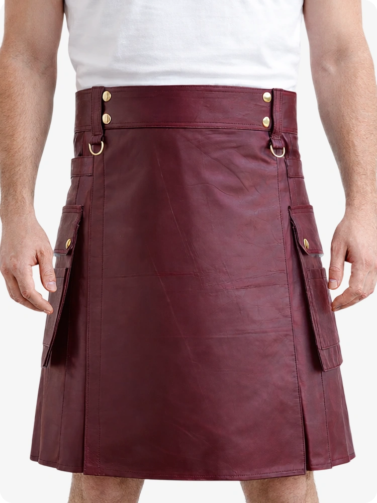 Burgunderroter Echtleder Utility Kilt mit Cargotaschen & D-Ringen