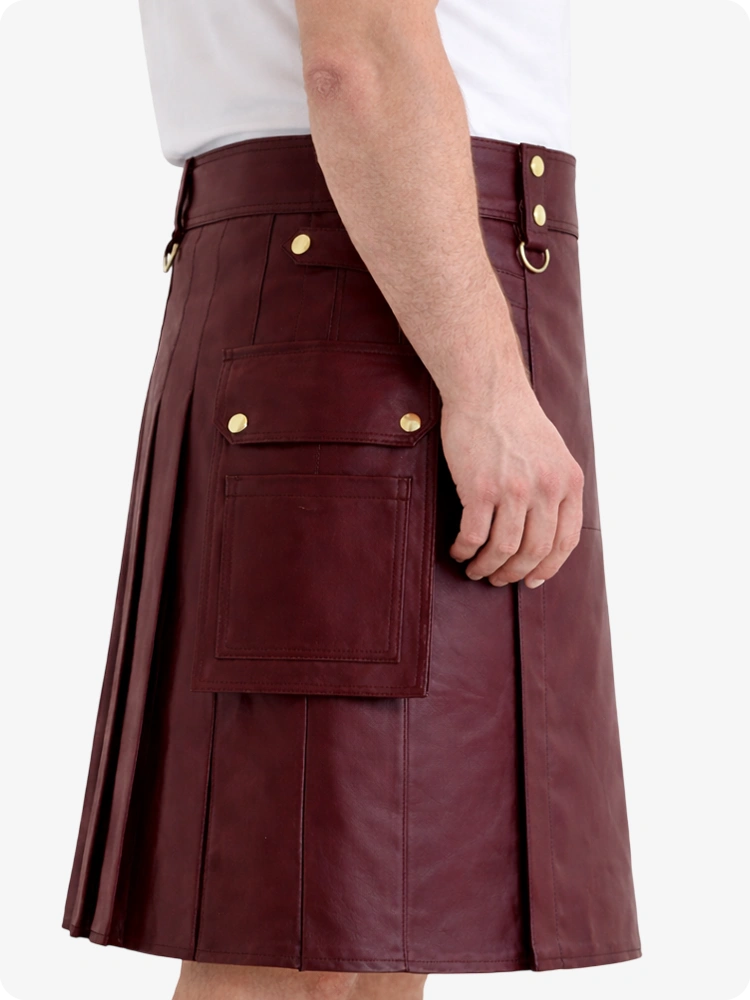 Burgunderroter Echtleder Utility Kilt mit Cargotaschen & D-Ringen
