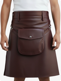 Burgundy leather skirt with a pocket on a white background