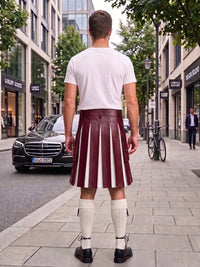 A man stands on a city sidewalk facing away from the camera, wearing an olive green pleated kilt with white vertical stripe panels, a white t-shirt, white knee-high socks, and black shoes. Storefronts, trees, and parked cars are visible in the background.