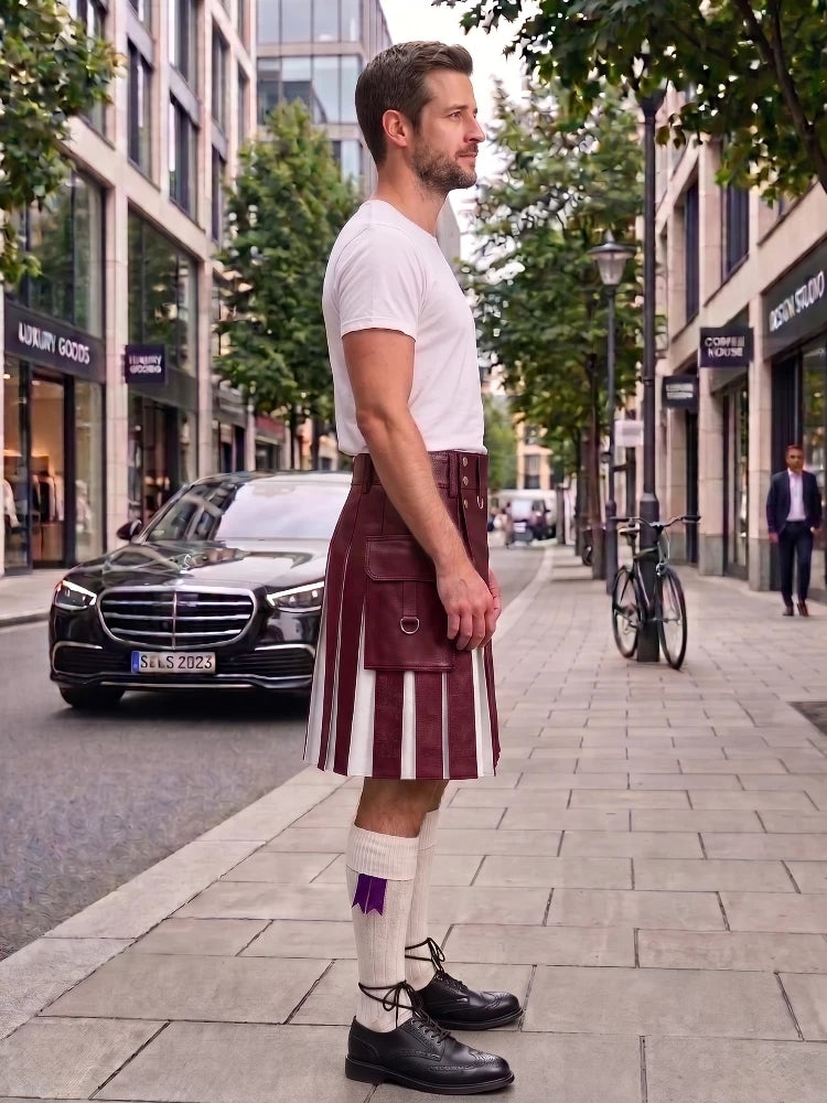 A man standing on a city sidewalk wearing a white t-shirt, a burgundy and white striped kilt, white socks with a purple accent, and black leather shoes. A black Mercedes-Benz car is parked on the street behind him.