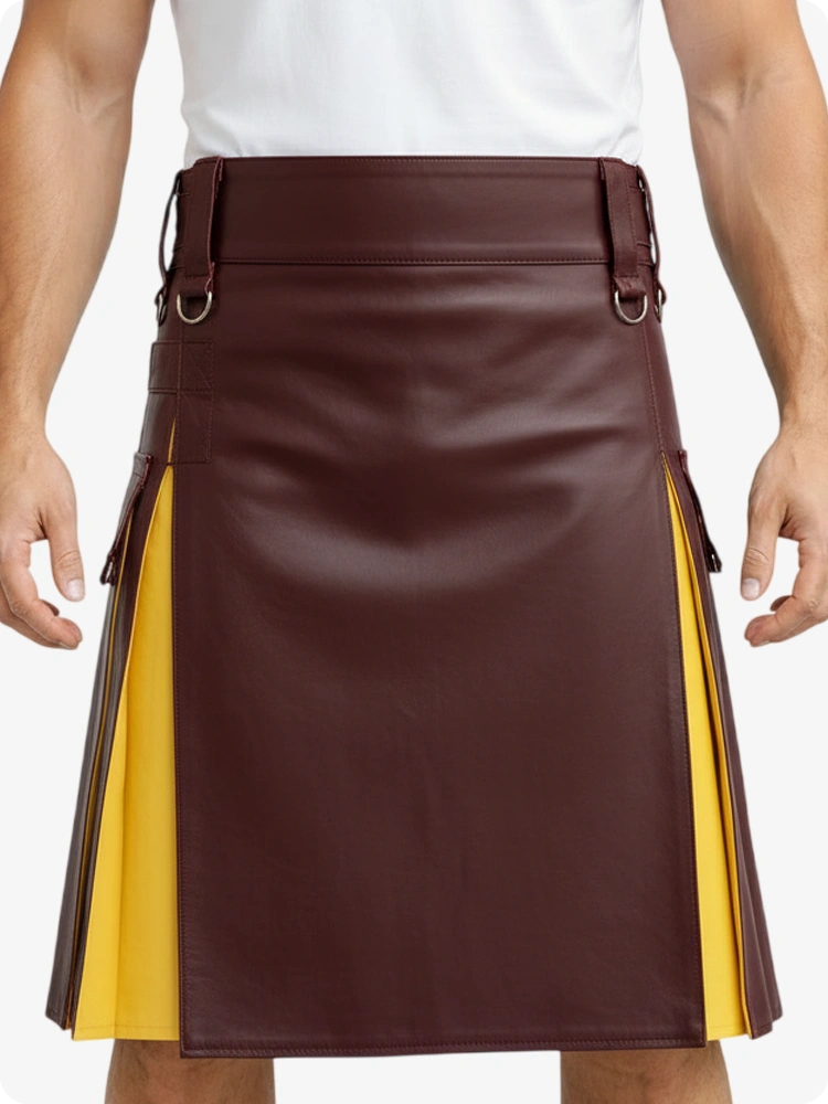 Burgunder & Gelb Leder Utility Kilt mit Cargotaschen