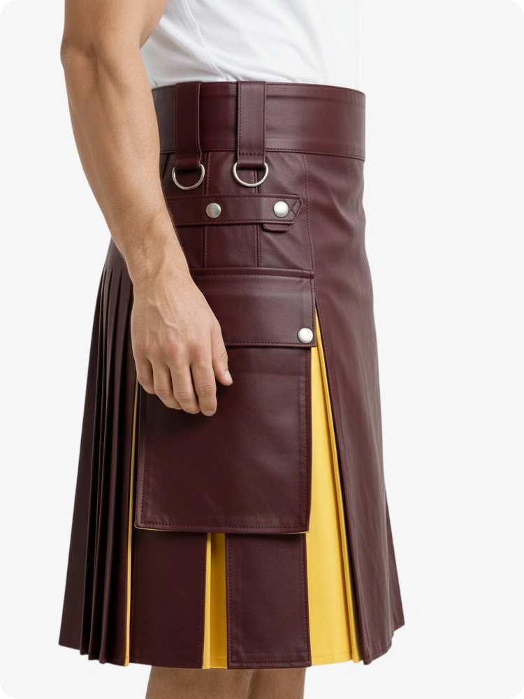 Burgunder & Gelb Leder Utility Kilt mit Cargotaschen