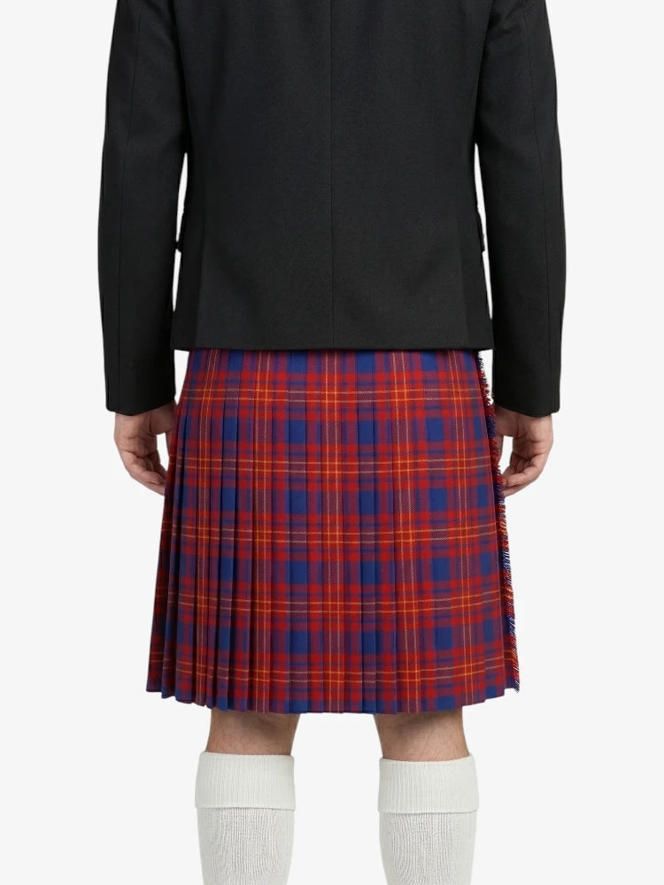Person wearing a black jacket and red plaid kilt on a white background