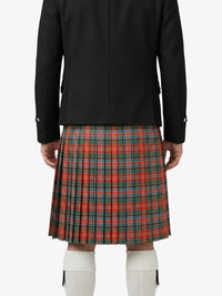 Person wearing a black jacket and red plaid kilt on a white background