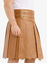 Camel leather skirt with belt on a white background