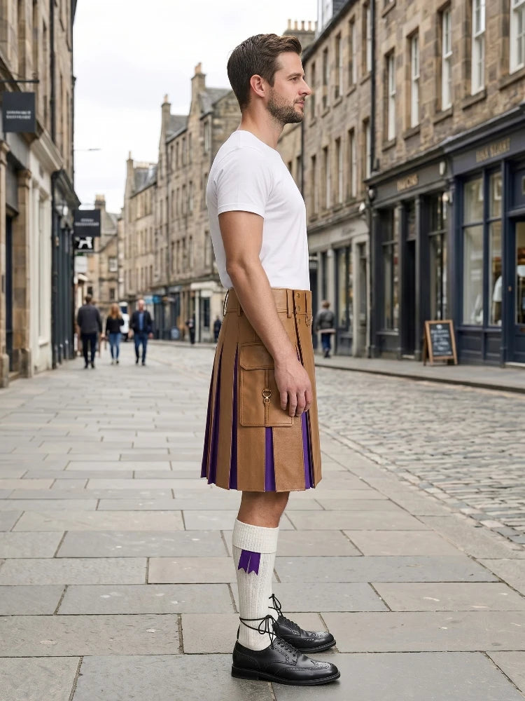 Camel Leather Kilt With Purple Pleats Right Side