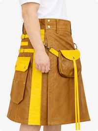 Camel and yellow kilt with visible buttons on a white background