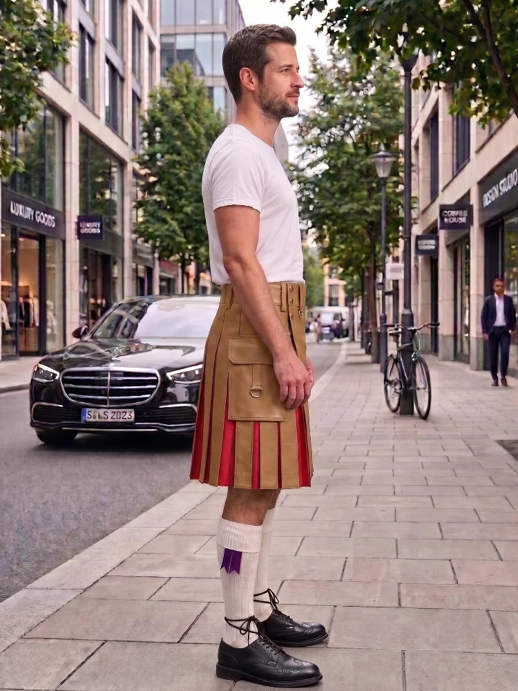 A man standing on a city sidewalk wearing a tan pleated kilt with red and purple accents, a white t-shirt, and black shoes, with a street scene in the background.