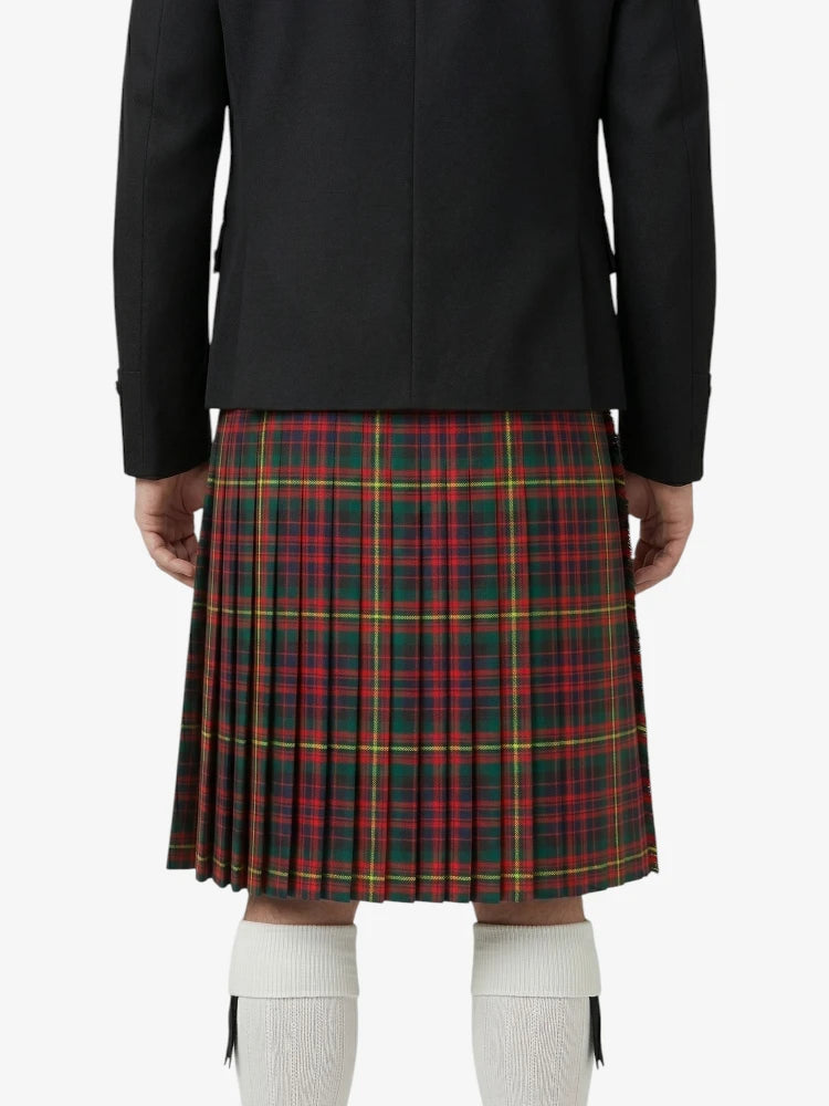 Person wearing a black jacket and red plaid kilt on a white background