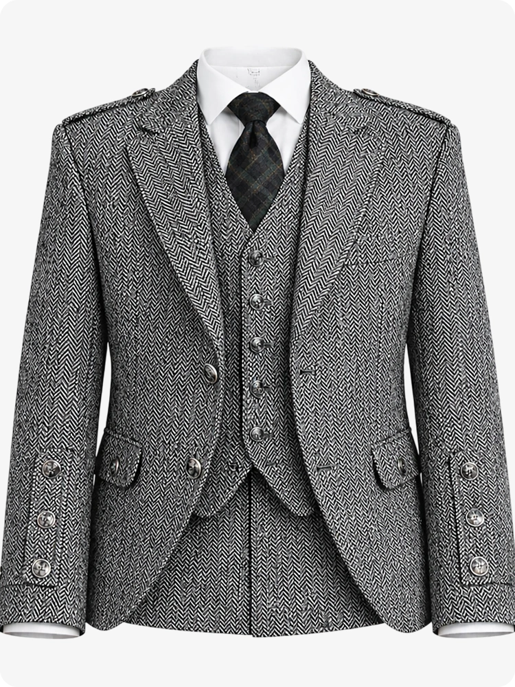 Casual Light Grey Tweed Argyle Kilt Jacket With Vest